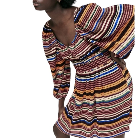 ZARA Multicolor Stripe Pleated Long Balloon Sleeve Dress - Picture 3 of 14